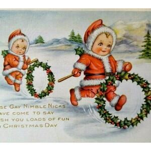 Christmas Postcard Children Rolling Xmas Wreaths Santa Claus Suits Whitney 1918
